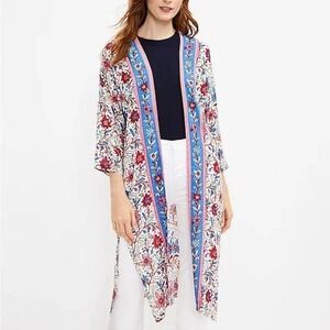 LOFT Floral Kimono Duster Long Cardigan Womens M/L Red Blue Boho Beach Coverup